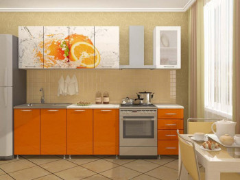 Кухонный гарнитур 1,6м Апельсин (Белый/Оранжевый металлик/Фотопечать апельсин) в Безменово - bezmenovo.mebel54.com | фото